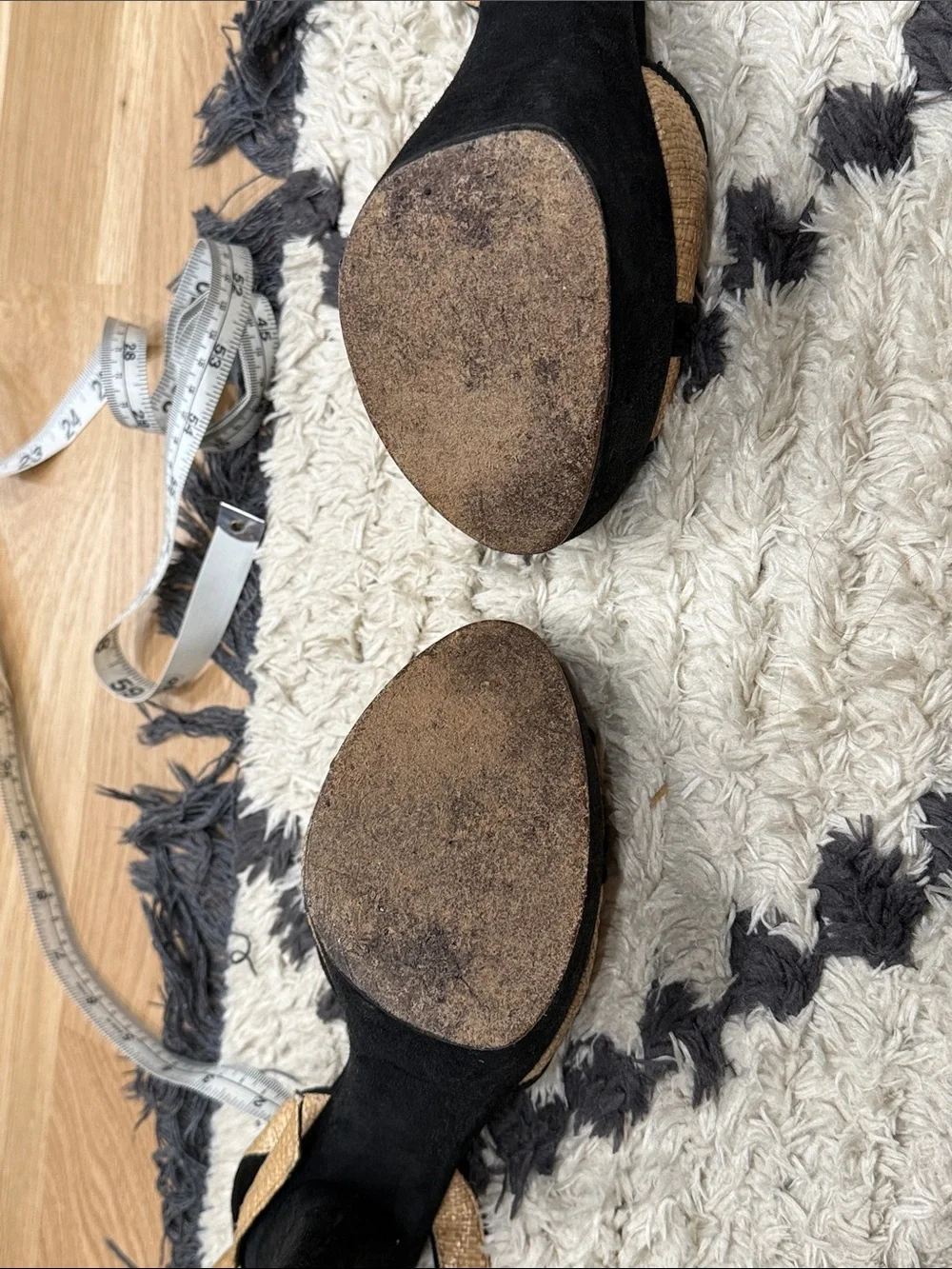 Authentic Fendi Beige Straw & Black Suede Ankle Strap Platform Sandals | Sz: 8